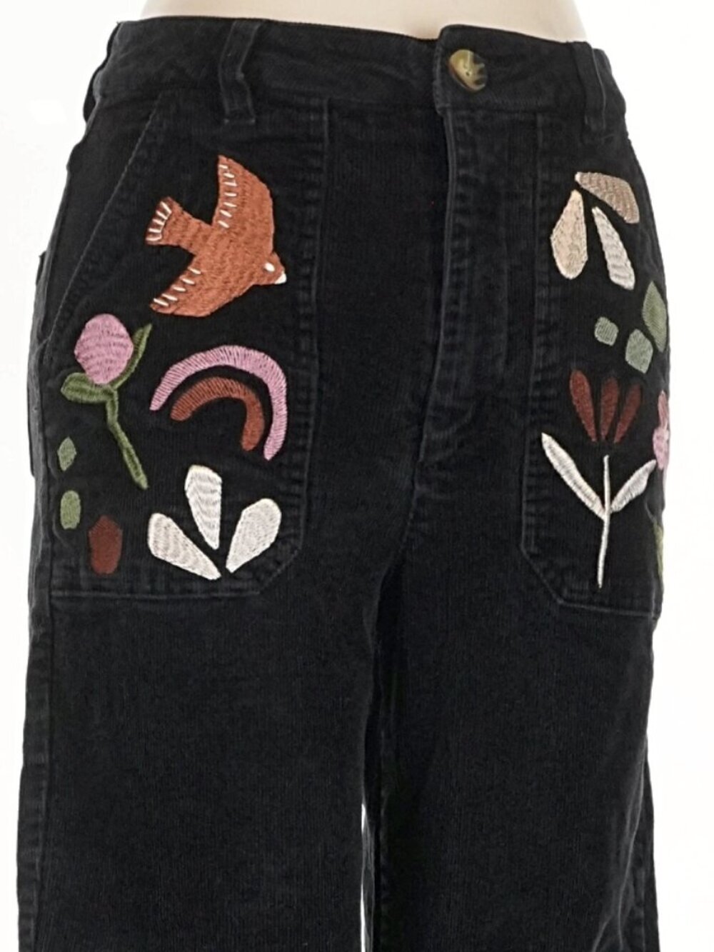 Princess Highway Fleur Embroidered Black Corduroy Wide Leg Pants AU 8 EUC - Picture 2 of 3